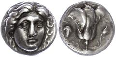 Ancient Coins Karien Rhodos, Didrachme (6,59g), ca. 394-304 v. Chr. Av: Helioskopf von vorn. Rev: Rose mit Trieb, links Weinrebe, darunter "EY". SNG von Aulock 2789, ss. ss Rhodes, didrachm (6.59g), a