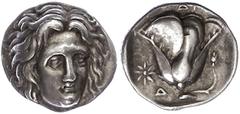 Ancient Coins Karien Rhodos, Didrachme (6,79g), ca. 304-275 v. Chr. Av: Helioskopf von vorn. Rev: Rose mit Trieb, rechts Stern und D, ss. ss Rhodes, didrachm (6.79g), approximate 304-275 BC Av: Helios
