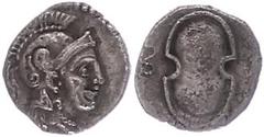 Ancient Coins Kilikien Kilikien, Tarsos, Obol (0,69g), 333-323 v. Chr., Balakros. Av: Athenakopf mit attischem Helm nach rechts. Rev: Ovaler Schild, links der Buchstabe "B" (Balakros). SNG Levante 123