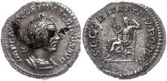 Ancient Coins Münzen Römische Kaiserzeit Macrinus, 217-218, Denar (1,56g). Av: Büste nach rechts, darum Umschrift. Rev: Securitas nach links sitzend, darum "SECVRITAS TEMPORVM". Belag auf Avers, ss-vz