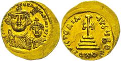 Ancient Coins Münzen Byzanz Heraclius, 610/611-641, Solidus (4,43g), Konstantinopel. Av: Die Büsten von Heraclius und Heraclius Constantin von vorn, darum Umschrift. Rev: Krückenkreuz auf drei Stufen,