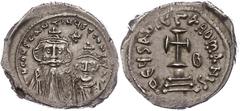Ancient Coins Münzen Byzanz Constans II., 641-668, Hexagramm (6,61g), Konstantinopel. Av: Brustbild Constans II. und Constantin IV. von vorn, darum Umschrift. Rev: Krückenkreuz auf Globus und drei Stu