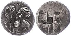 Ancient Coins Makedonien Argilos, Diobol (1,36g), ca. 495-477 v. Chr. Av: Pegasosprotome nach rechts. Rev: Vierfach geteiltes Incusum. ss. ss Argilos, Diobol (1, 36g), approximate 495-477 BC Av: pegas