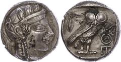 Ancient Coins Attika Athen, Tetradrachme (15,18g), ca. 5. Jhd. v. Chr. (subärate Prägung). Av: Athenekopf mit attischem Helm nach rechts. Rev: Eule nach rechts, dahinter Ölzweig und Mondsichel, davor 
