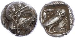 Ancient Coins Attika Athen, Tetradrachme (16,83g), ca. 431 v. Chr. Av: Athenekopf mit attischem Helm nach rechts. Rev: Eule nach rechts, dahinter Ölzweig und Mondsichel, davor "AOE". Svoronos Pl. 10 N
