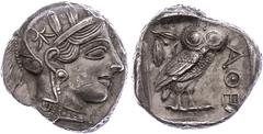 Ancient Coins Attika Athen, Tetradrachme (17,14g), ca. 415 v. Chr. Av: Athenekopf mit attischem Helm nach rechts. Rev: Eule nach rechts, dahinter Ölzweig und Mondsichel, davor "AOE". Svoronos Pl. 13, 
