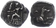 Ancient Coins Kilikien Kilikien, Obol, (0,59g), ca. 4. Jhd. v. Chr. Av: Thronender Baal nach links, im Feld links Weinrebe. Rev: Wolfsprotome.SNG Levante 223, ss. ss Cilicia, obol, (0, 59g), approxima