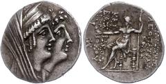 Ancient Coins Syrien Syrien, Tetradrachme (16,37g),125-121 v. Chr., Ptolemais, Kleopatra Thea und Antiochos VIII. Av: Kopf der Kleopatra Thea mit Diadem nach rechts, dahinter der Kopf des Antiochos VI