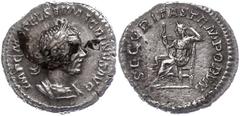 Ancient Coins Münzen Römische Kaiserzeit Macrinus, 217-218, Denar (1,56g). Av: Büste nach rechts, darum Umschrift. Rev: Securitas nach links sitzend, darum "SECVRITAS TEMPORVM". Belag auf Avers, ss-vz