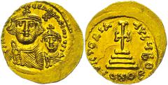 Ancient Coins Münzen Byzanz Heraclius, 610/611-641, Solidus (4,43g), Konstantinopel. Av: Die Büsten von Heraclius und Heraclius Constantin von vorn, darum Umschrift. Rev: Krückenkreuz auf drei Stufen,