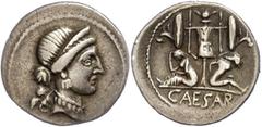 Ancient Coins Münzen Römische Republik C. Julius Caesar, Denar (3,85g), 46/45 v. Chr., Heeresmünzstätte in Spanien. Av: Venusbüste nach rechts. Rev: Tropaeum aus gallischen Waffen und Carnyces, darunt