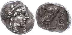 Ancient Coins Attika Athen, Tetradrachme (17,16g), ca. 403-365 v. Chr. Av: Athenekopf mit attischem Helm nach rechts. Rev: Eule nach rechts, dahinter Ölzweig und Mondsichel, davor "AOE". Svoronos Pl. 