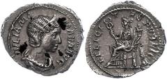 Ancient Coins Münzen Römische Kaiserzeit Julia Mamaea, 235, Denar (2,53g). Av: Kopf nach rechts, darum Umschrift. Rev: Felicitas nach links sitzend, darum "FELICITAS PVBLICA", etwas Belag, vz. vz Coin