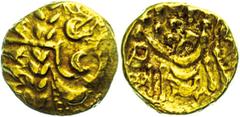 Ancient Coins Münzen Kelten Gallien, Ambiani, Stater (6,26g), Gold, ca. 1. Jhd. v. Chr. Av: Stilisierter Kopf nach rechts. Rev: Stilisiertes Pferd nach rechts, darüber und darunter Kugeln. Vgl. Seaby 
