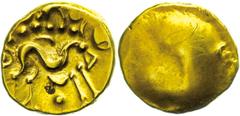 Ancient Coins Münzen Kelten Gallien, Ambiani, Stater (6,26g), Gold. Av: Glatt. Rev: Pferd nach rechts, darunter Kugel. Schörghuber 353ff., vz. vz Coins Celts Gaul, Ambiani, stater (6, 26g), Gold. Av: 