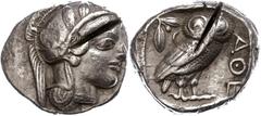 Ancient Coins Attika Athen, Tetradrachme (17,05g), ca. 5./4. Jhd. v. Chr.. Av: Athenekopf mit attischem Helm nach rechts. Rev: Eule nach rechts, dahinter Ölzweig und Mondsichel, davor "AOE". Prüfhiebe