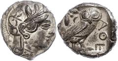 Ancient Coins Attika Athen, Tetradrachme (17,14g), ca. 5./4. Jhd. v. Chr.. Av: Athenekopf mit attischem Helm nach rechts. Rev: Eule nach rechts, dahinter Ölzweig und Mondsichel, davor "AOE". Flament G