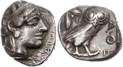 Ancient Coins Attika Athen, Tetradrachme (17,07g), ca. 5./4. Jhd. v. Chr.. Av: Athenekopf mit attischem Helm nach rechts. Rev: Eule nach rechts, dahinter Ölzweig und Mondsichel, davor "AOE". Ss. ss At