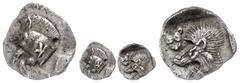 Ancient Coins Mysia Kyzikos, Hemiobol, (0,37g), ca. 5. Jhd. v. Chr.. Av: Wildschweinprotome nach links, darauf "K", dahinter Thunfisch. Rev: Löwenprotome nach links, darüber Leopardenkopf? von vorn. S