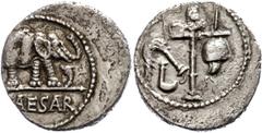 Ancient Coins Münzen Römische Republik C. Julius Caesar, Denar (3,65g), 49 v. Chr. Av: Culullus, Aspergillum, Securis und Apex-Mütze. Rev: Elefant nach rechts. Cr. 443/1, dezentriert, ss. ss Coins Rom