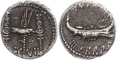 Ancient Coins Münzen Römische Republik M. Antonius, Denar (3,64g), 32/31 v. Chr., Mzst. in Ägypten. Av: Galeere nach rechts, darüber und darunter Schrift. Rev: Legionsadler zwischen zwei Standarten, d