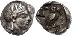 Ancient Coins Attika Athen, Tetradrachme (16,82g), ca. 5./4. v. Chr. Av: Athenekopf mit attischem Helm nach rechts. Rev: Eule nach rechts, dahinter Ölzweig und Mondsichel, davor "AOE". Prüfhiebe, Aver