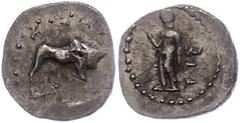 Ancient Coins Kilikien Kleinasien, unbestimmte Münzstätte (Kilikien?), Obol (0,67g). Av: Stier nach rechts, darum Perlkreis. Rev: Stehende Gestalt nach links blickend. SNG von Aulock -, sehr selten!, 