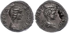 Ancient Coins Münzen Römische Kaiserzeit Julia Domna, 217, Denar (2,92g). Av: Büste nach rechts, darum Umschrift. Rev: Büste des Geta nach rechts, darum "P SEPT GETA CAFES PONT". RIC 571, etwas Belag,