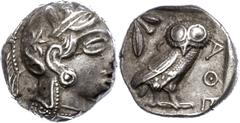 Ancient Coins Attika Athen, Tetradrachme (17,11g), ca. 5./4. Jhd. v. Chr.. Av: Athenekopf mit attischem Helm nach rechts. Rev: Eule nach rechts, dahinter Ölzweig und Mondsichel, davor "AOE", ss. ss At