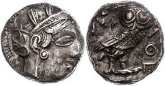 Ancient Coins Attika Athen, Tetradrachme (17,13g), Zeit Philipps II., 393-323 v. Chr.. Av: Athenekopf mit attischem Helm nach rechts. Rev: Eule nach rechts, dahinter Ölzweig und Mondsichel, davor "AOE