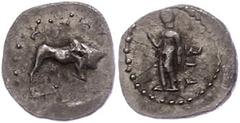 Ancient Coins Kilikien Kleinasien, unbestimmte Münzstätte (Kilikien?), Obol (0,67g). Av: Stier nach rechts, darum Perlkreis. Rev: Stehende Gestalt nach links blickend. SNG von Aulock -, sehr selten!, 