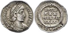 Ancient Coins Münzen Römische Kaiserzeit Constantius II., 337-361, Siliqua (3,14g), Constantinopel. Av: Büste nach rechts, darum Umschrift. Rev: Im Kranz "VOTIS/XXX/MVLTIS/XXXX", ss. ss Coins Roman Im