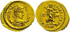 Ancient Coins Münzen Römische Kaiserzeit Honorius, 395-402, Tremisses (1,48g). Av: Brustbild nach rechts, darum Umschrift. Rev: Viktoria mit Kranz und Kreuzglobus nach rechts zwischen R-M, darum Umsch