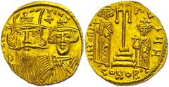 Ancient Coins Münzen Byzanz Constans II., 641-668, Solidus (4,31g), Konstantinopel. Av: Die Büsten von Constans II. und Constantinus IV. von vorn, darum Umschrift. Rev: Krückenkreuz auf drei Stufen zw