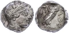 Ancient Coins Attika Athen, Tetradrachme (17,13g), ca. 415 v. Chr. Av: Athenekopf mit attischem Helm nach rechts. Rev: Eule nach rechts, dahinter Ölzweig und Mondsichel, davor "AOE". Svoronos Pl. 13, 