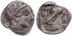 Ancient Coins Attika Athen, Tetradrachme (17,14g), ca. 415 v. Chr. Av: Athenekopf mit attischem Helm nach rechts. Rev: Eule nach rechts, dahinter Ölzweig und Mondsichel, davor "AOE". Svoronos Pl. 13, 