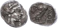 Ancient Coins Attika Athen, Tetradrachme (17,16g), ca. 403-365 v. Chr. Av: Athenekopf mit attischem Helm nach rechts. Rev: Eule nach rechts, dahinter Ölzweig und Mondsichel, davor "AOE". Svoronos Pl. 