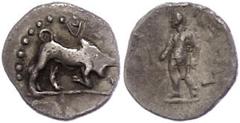 Ancient Coins Kilikien Kleinasien, unbestimmte Münzstätte (Kilikien?), Obol (0,60g). Av: Stier nach rechts, darum Perlkreis. Rev: Stehende Gestalt nach links blickend. SNG von Aulock -, sehr selten!, 