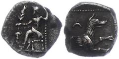 Ancient Coins Kilikien Obol, (0,59g), ca. 4. Jhd. v. Chr. Av: Thronender Baal nach links, im Feld links Weinrebe. Rev: Wolfsprotome.SNG Levante 223, ss. ss Cilicia Obol, (0, 59g), approximate 4. Jhd. 
