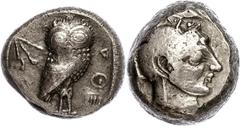 Ancient Coins Attika Athen, Tetradrachme (16,36g), um 500 v. Chr.. Av: Athenakopf mit attischem Helm nach rechts. Rev: Euro nach rechts, links Ölzweig, rechts Schrift. Ss. ss Attica Athen, tetradrachm