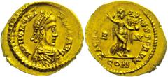 Ancient Coins Münzen Römische Kaiserzeit Honorius, 395-402, Tremisses (1,48g). Av: Brustbild nach rechts, darum Umschrift. Rev: Viktoria mit Kranz und Kreuzglobus nach rechts zwischen R-M, darum Umsch