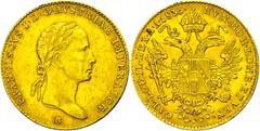 Coins of Europe and Overseas Österreich 1806 - 1918 1 Dukat, Gold, Franz II., Prägung "B", KM 2172, kl. Randfehler, sonst vz vz Old Austria coins until 1918 1 ducat, Gold, Francis II., embossment "B",