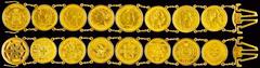 Coin-embedded objects and jewe Münzgefäße und Münzschmuck Goldarmband mit 8 gefassten Goldmünzen aus verschiedenen Ländern, dabei 20 Mark Hamburg, 20 Franken Schweiz, Sovereign Großbritannien, 5 Dolla