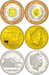 Coins of Europe and Overseas Australien Set zu 2x 5 und 1x 50 Dollars, XXVIII. Olympische Spiele in Athen, KM 727, 727 und 812, Schön 784 - 786, im Holzetui mit OVP und Zertifikat, Auflage nur 2.500 S
