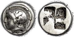 Ancient Coins Ionien Phokaia, Elektron Hekte (2,54g), 478-387 v. Chr.. Av: Behelmter Athenakopf nach links. Rev: Viergeteiltes Inkusum. Bodenstedt 91, ss. ss Ionia Phocaea, electron Hekte (2, 54g), 47