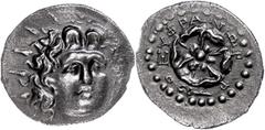 Ancient Coins Karien Rhodos, Drachme (3,68g), 88/42 v. Chr.-14 n. Chr. Av: Heloiskopf von vorn. Rev: Rose, darum Schrift und Perlkreis. Ss. ss Caria Rhodes, drachm (3, 68g), 88 / 42 before Christ 14 t