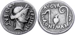 Ancient Coins Münzen Römische Republik C. Julius Caesar, Denar (3,81g), 46 v. Chr., Rom. Av: Cereskopf nach rechts, dahinter "COS•TERT", davor "DICT•ITER". Rev: Priestergeräte, darüber "AVGVR", darunt