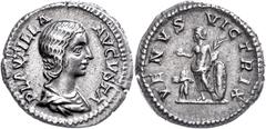Ancient Coins Münzen Römische Kaiserzeit Plautilla, 202-205, Denar (3,44g), Rom. Av: Büste nach rechts, darum "PLAVTILLA - AVGVSTA". Rev: Stehende Venus mit Apfel, Palmzweig und Schild nach links, dav