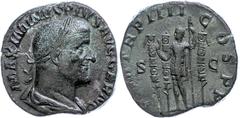 Ancient Coins Münzen Römische Kaiserzeit Maximinus Thrax, 238, Sesterz (17,93g), Rom. Av: Büste nach rechts, darum "MAXIMINVS PIVS AVG GERM". Rev: Stehender Kaiser zwischen drei Standarten und "S C", 
