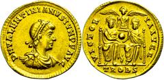 Ancient Coins Münzen Römische Kaiserzeit Valentinianus II., 375-392, Solidus (4,40g), Trier. Av: Büste nach rechts, darum "DN VALENTINIANVS IVN PF AVG". Rev: Gratianus und Valens thronen mit Globus ne